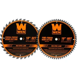 WEN BL1032-2 10-Inch 32-Tooth and 60-Tooth Carbide-Tipped Professional Woodworking Saw Blade Set, Two Pack