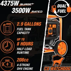 WEN DF430X 4375-Watt Dual Fuel Portable Generator with Wheel Kit and CO Shutdown Sensor