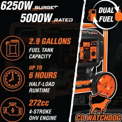 WEN DF623X 6250-Watt 120-Volt/240-Volt Dual Fuel Electric Start Portable Generator with Wheel Kit and CO Shutdown Sensor