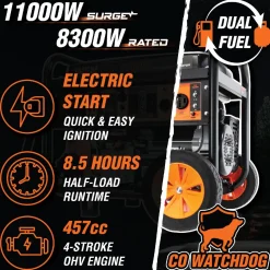 WEN DF1100X 11,000-Watt 120V/240V Dual Fuel Portable Generator with Wheel Kit, Electric Start, and CO Watchdog