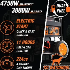 WEN DF475X 4,750-Watt 120V/240V Dual Fuel Portable Generator with Wheel Kit, Electric Start, and CO Watchdog