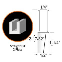 WEN RB108FF 1/2 in. Straight 2-Flute Carbide-Tipped Router Bit with 1/4 in. Shank and 1-1/4 in. Cutting Length