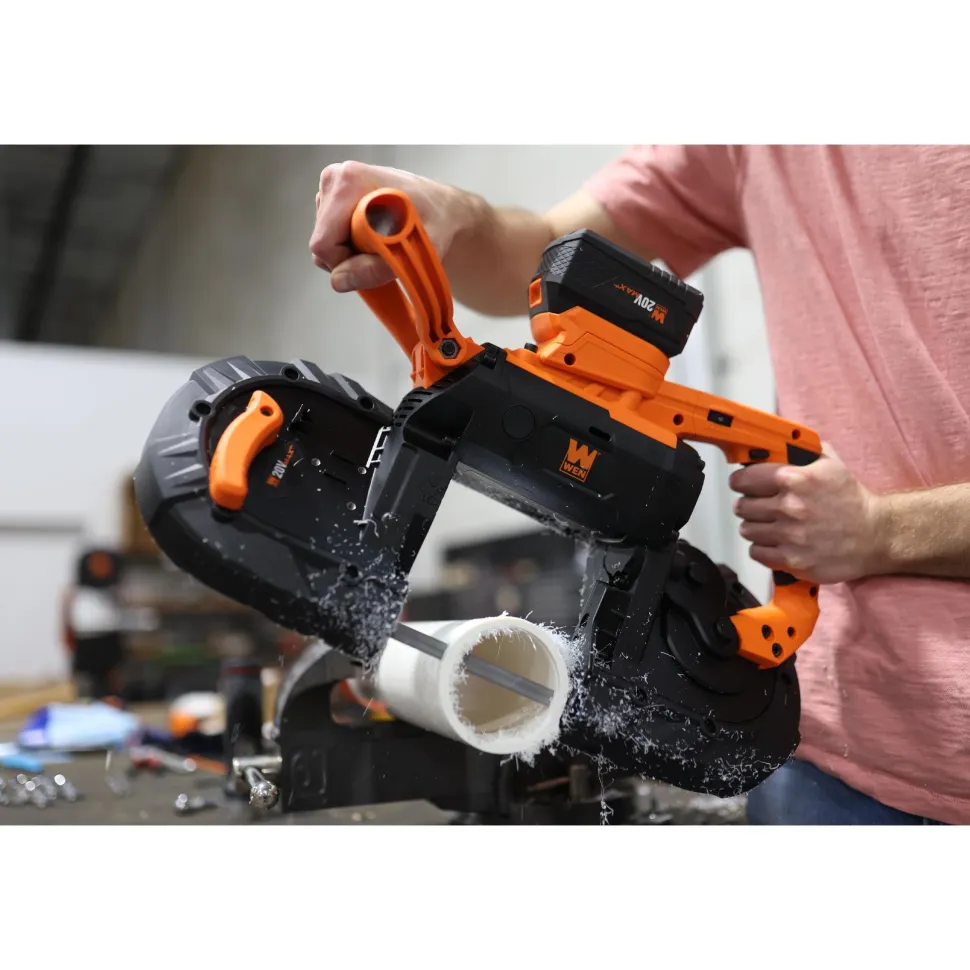 WEN 20496 20V Max 5-Inch Variable Speed Cordless Portable Metal Band Saw with 5.0 Ah Lithium Ion Battery and Charger