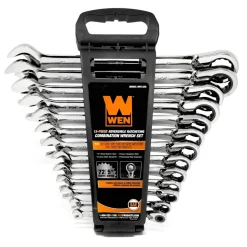 WEN WR132A 13-Piece Professional-Grade Reversible Ratcheting SAE Combination Wrench Set with Storage Rack