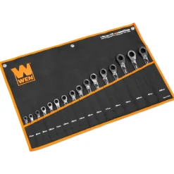 WEN WR162M 16-Piece Professional-Grade Reversible Ratcheting Metric Combination Wrench Set with Storage Pouch